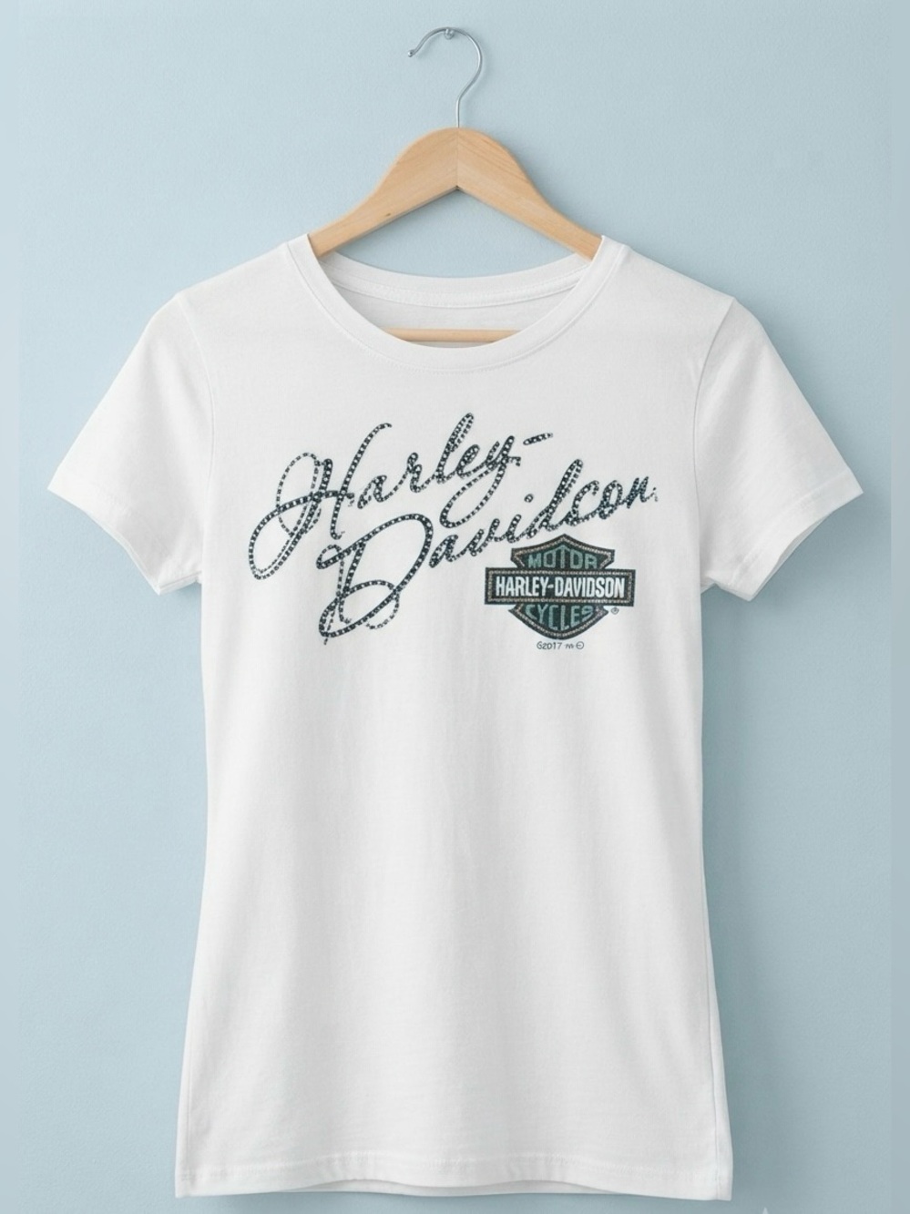 Harley-Davidson White Tee with Teal Script Logo - A Little Bling for Your 🏍️!